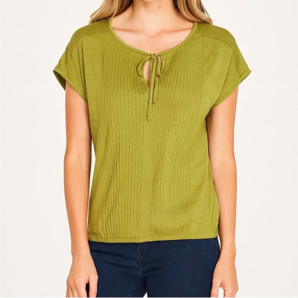 ✨ Prana Olive Green “Ocupas Popover” Boxy Pleated Short Sleeve T-Shirt Sz Medium - Picture 2 of 12